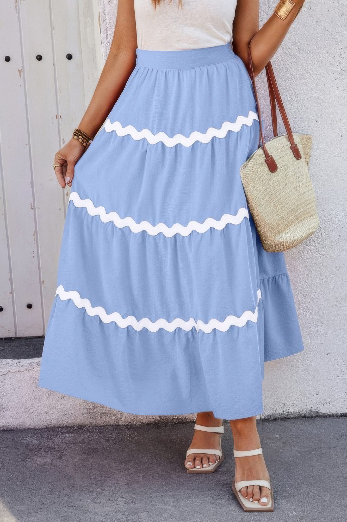 Waves Print Pleated Elastic Waist Band Skirt