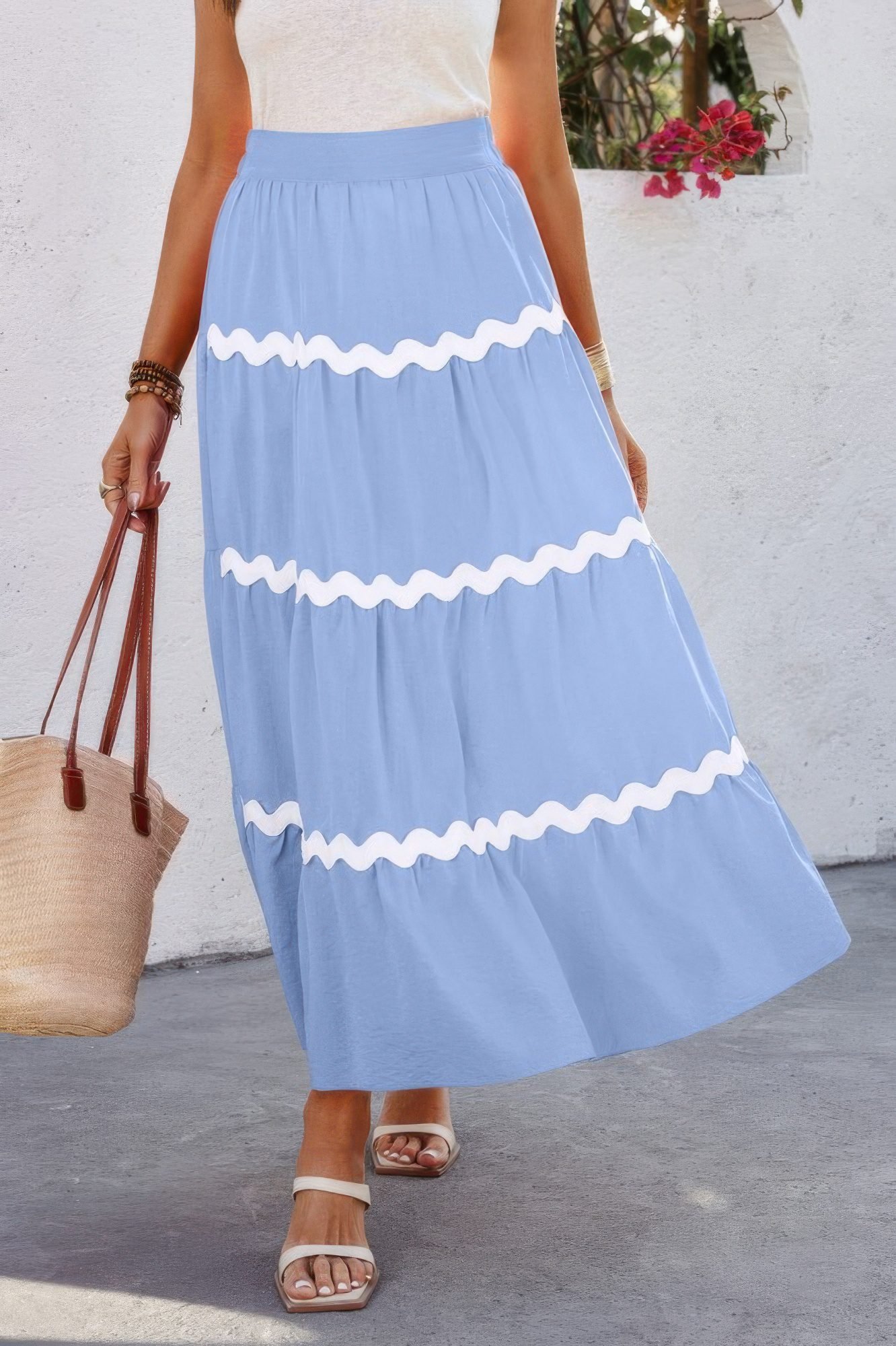 Waves Print Pleated Elastic Waist Band Skirt