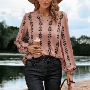 Graphic Print Strip Loose Fit V Neck Blouse