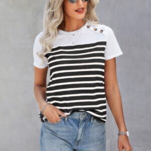 Strip Round Neck Loose Fit Button Tee