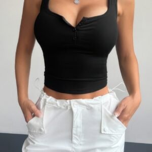 Plain Quarter Button Square Neck Fit Tank