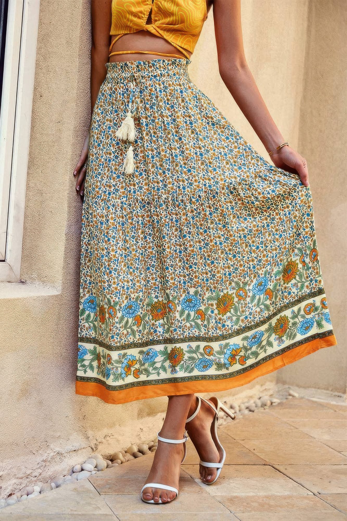 Drawstring Floral Ruffled Maxi Skirt