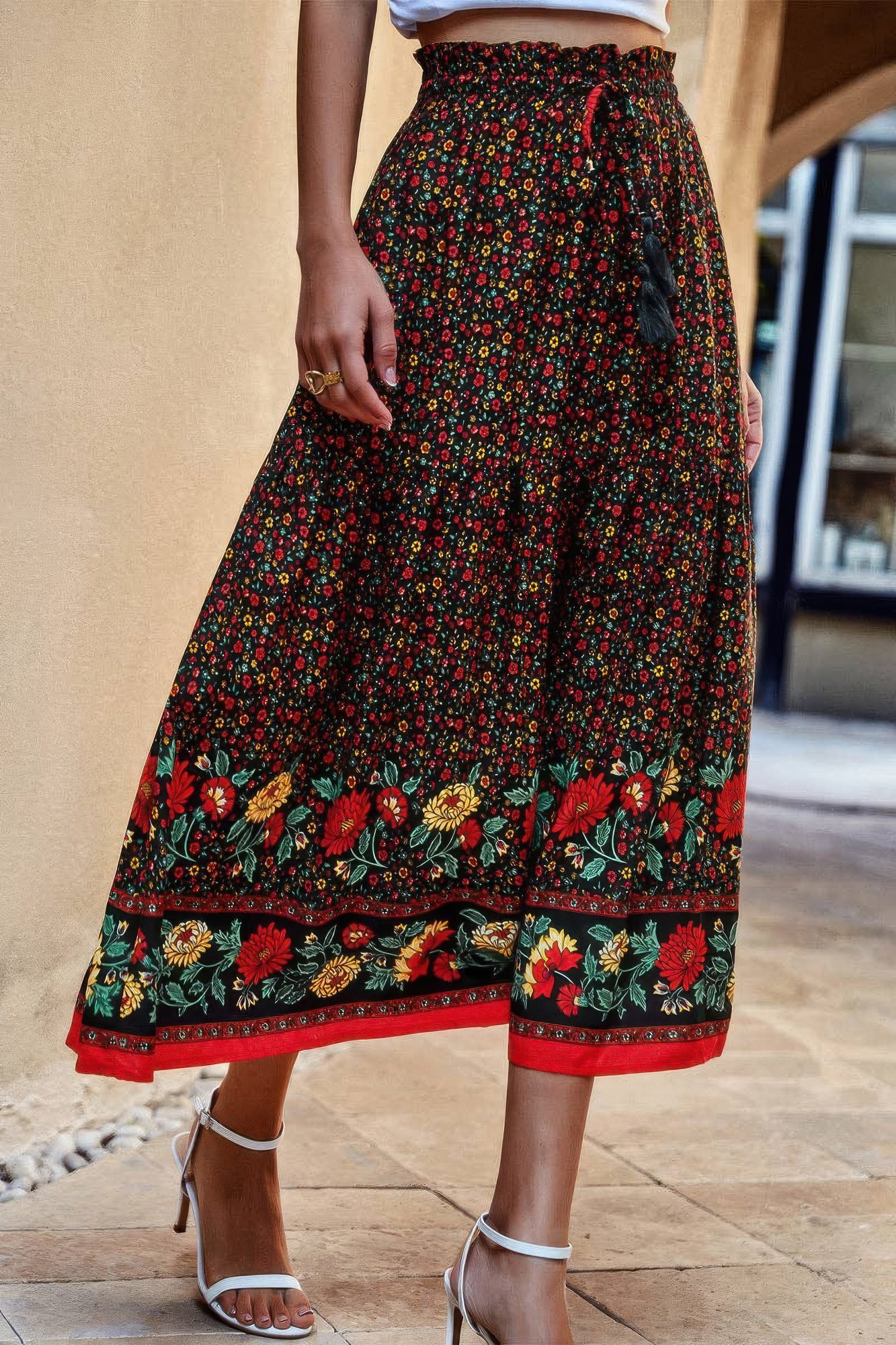 Drawstring Floral Ruffled Maxi Skirt