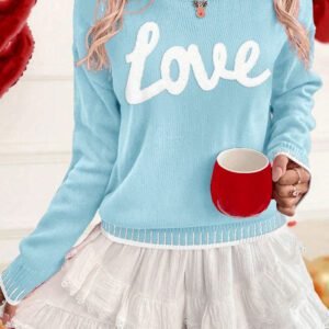Light Blue Valentine Love Chenille Letter Graphic Sweater