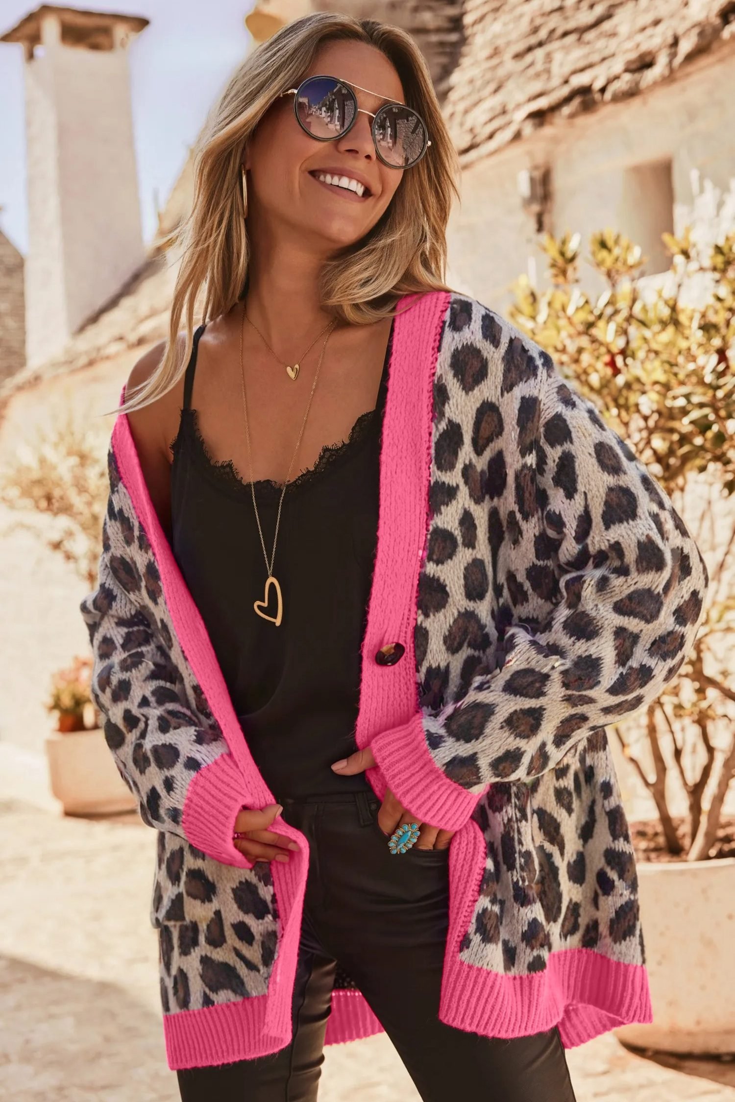 Khaki Oversize Color Block Trim Button Down Leopard Print Cardigan