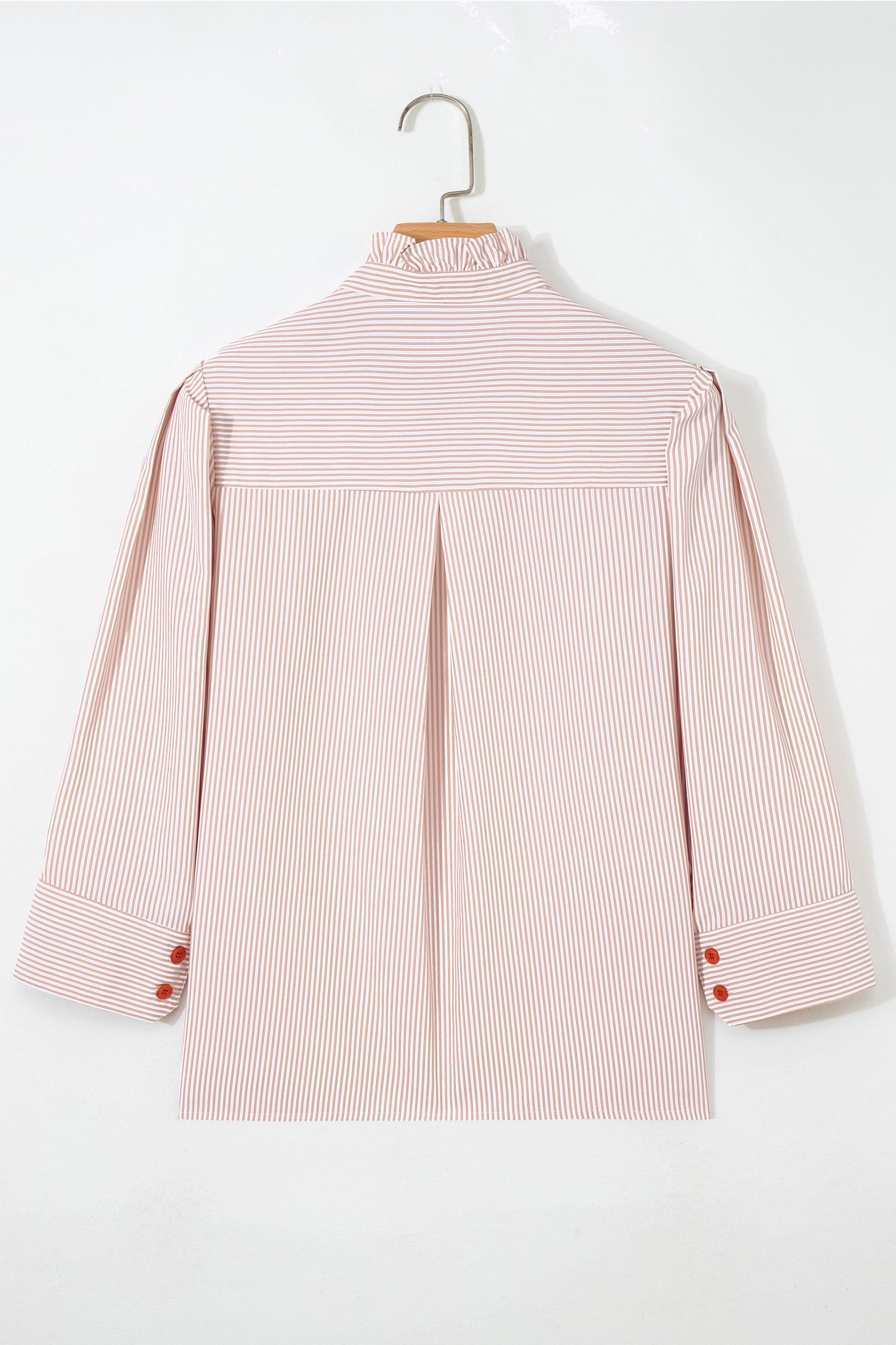 Khaki Stripe Color Block Patchwork Detail Frilled Collar Button Down Shirt