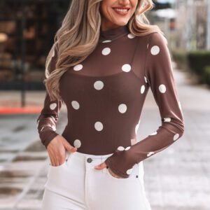 Brown Vintage Polka Dot Print Mesh Long Sleeve Bodysuit