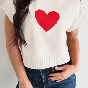 White Valentine Heart Graphic Cropped Short Sleeve Sweater