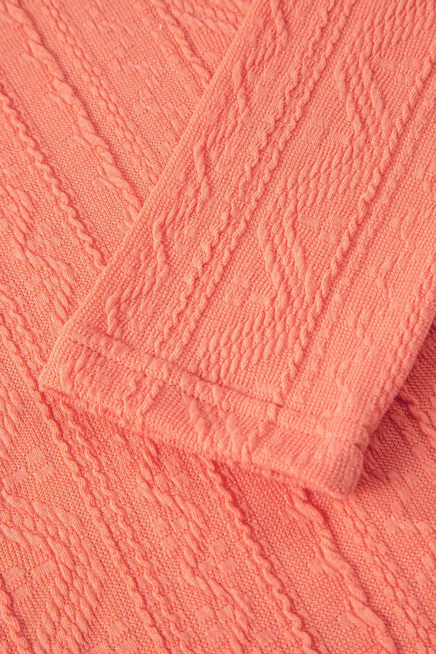 Grapefruit Orange Crochet Floral Accent V Neck Textured Pants Set