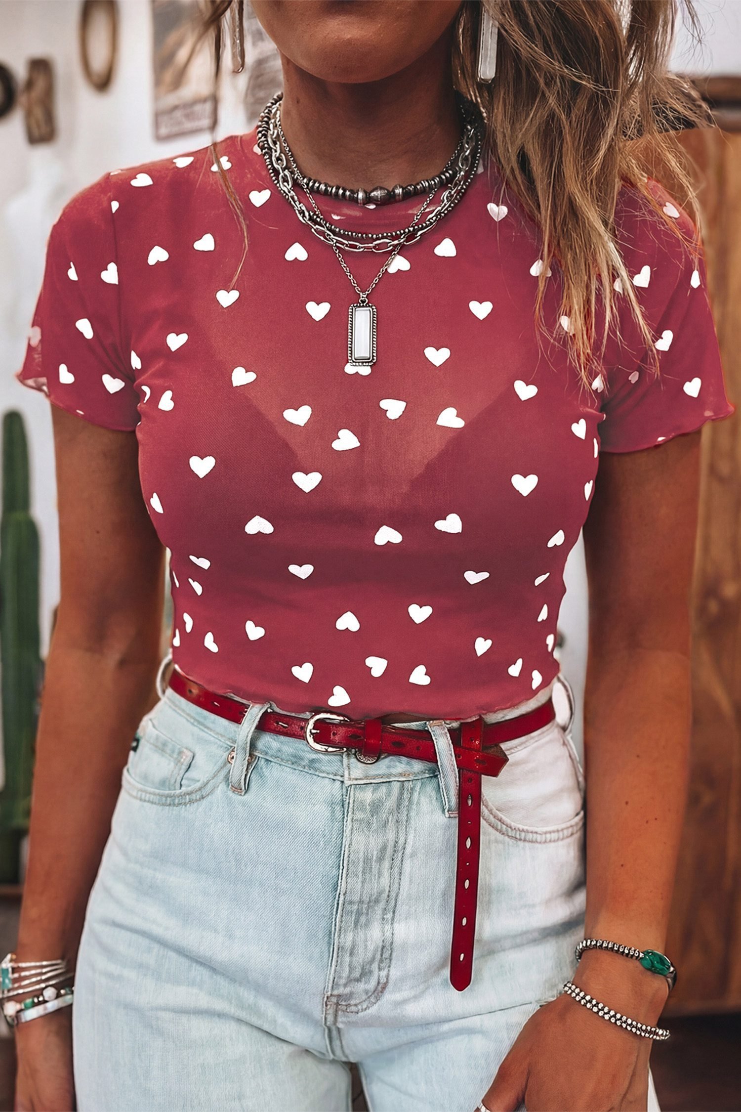 Racing Red Allover Heart Print Mesh Short Sleeve Top