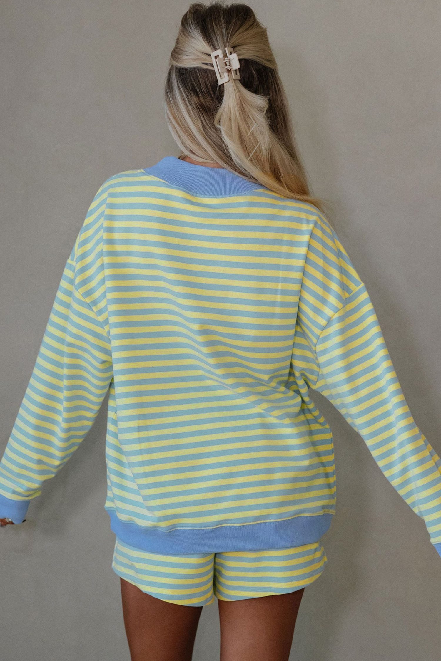 Yellow Stripe Color Block Detail Long Sleeve Pullover Elastic Waist Pull On Shorts 2pcs Set - Image 2