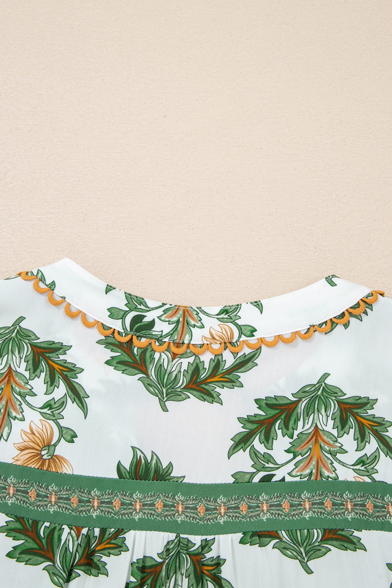 Green Plus Size Floral Printed Contrast Patchwork Detail Tassel Tie 3/4 Sleeve Blouse