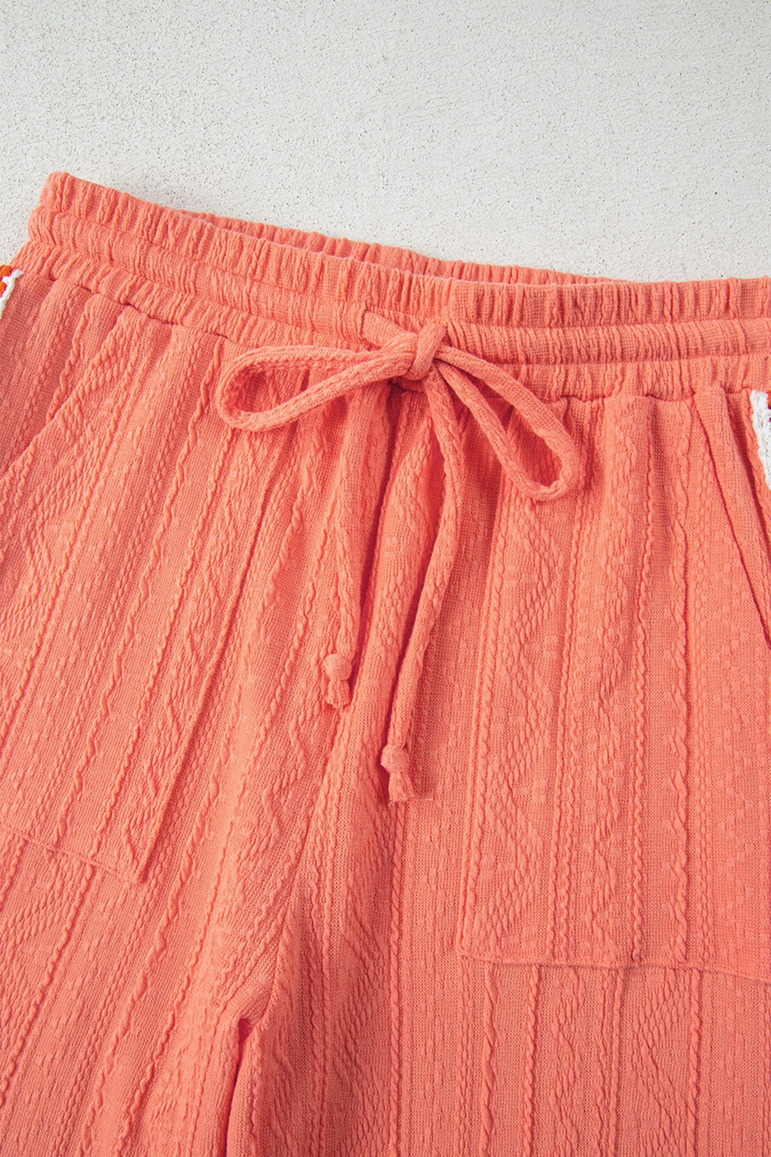 Grapefruit Orange Crochet Floral Accent V Neck Textured Pants Set