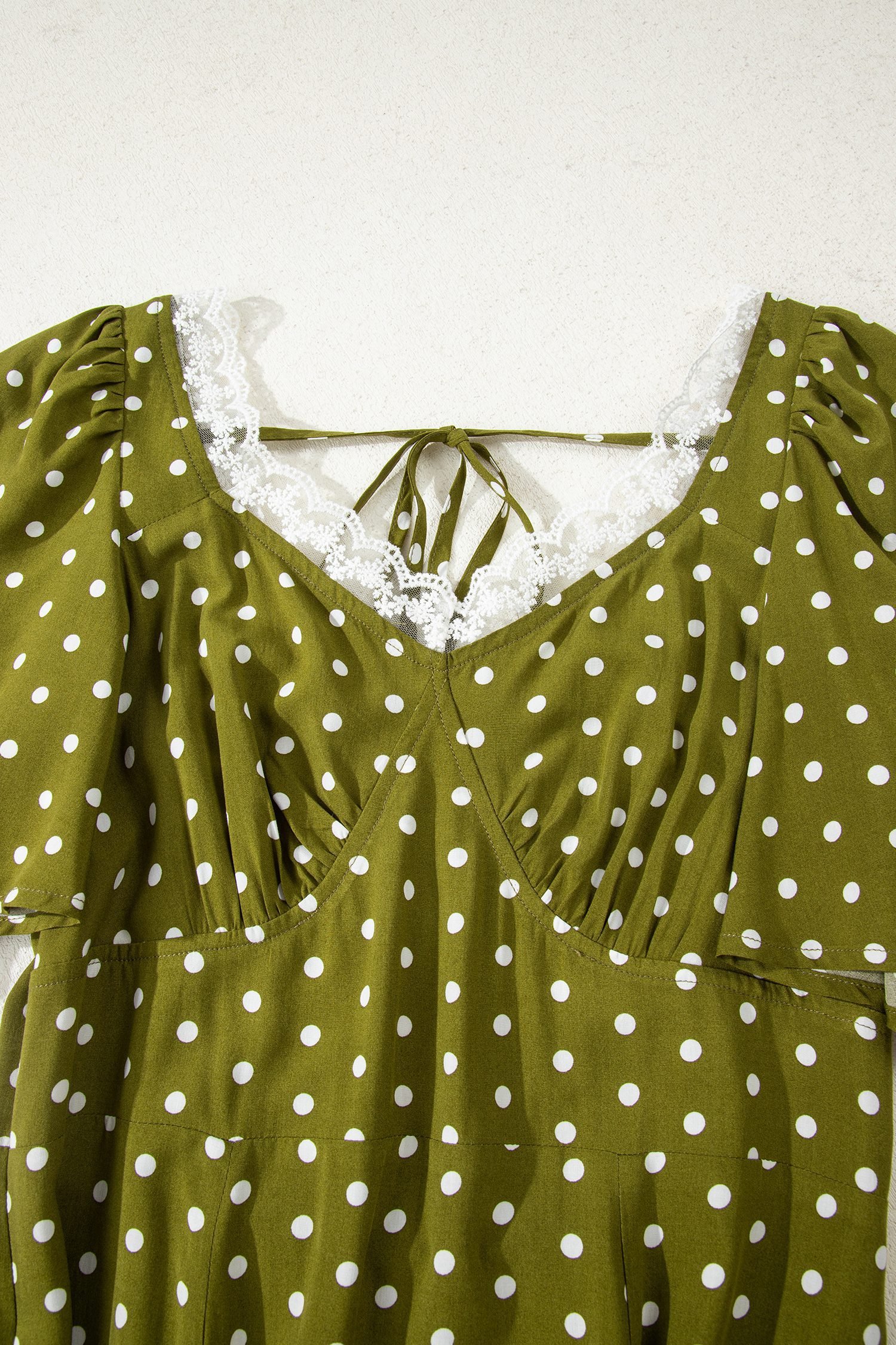 Green Polka Dot Print Lacy Neckline Smocked High Waist Maxi Dress