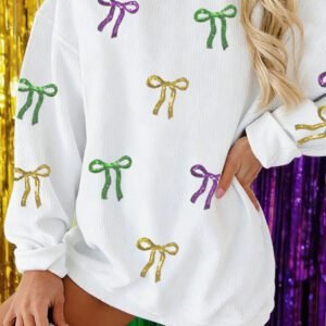 White 3D Ribbed Sequin Mardi Gras Bow Baggy Sweatshirt