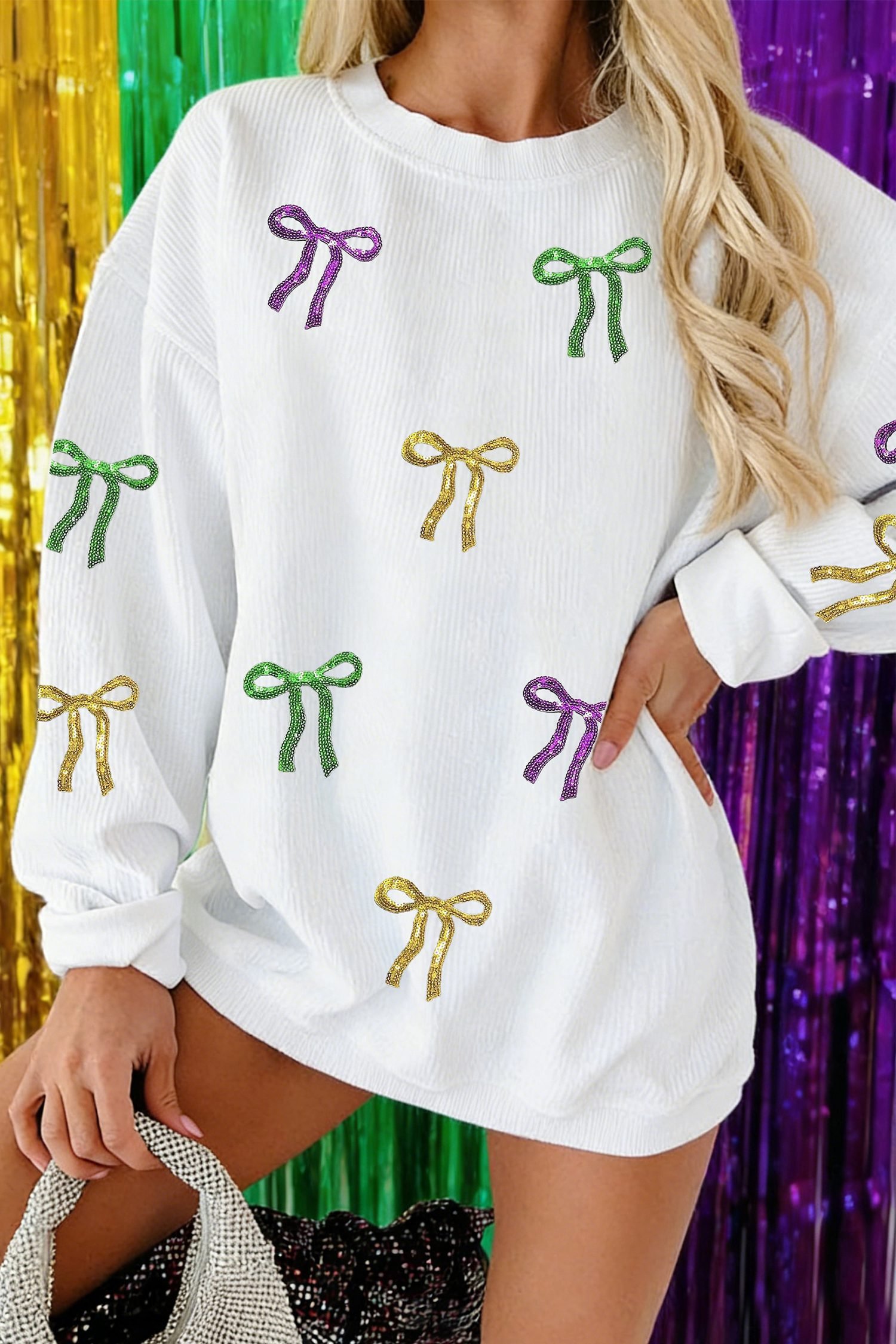 White 3D Ribbed Sequin Mardi Gras Bow Baggy Sweatshirt