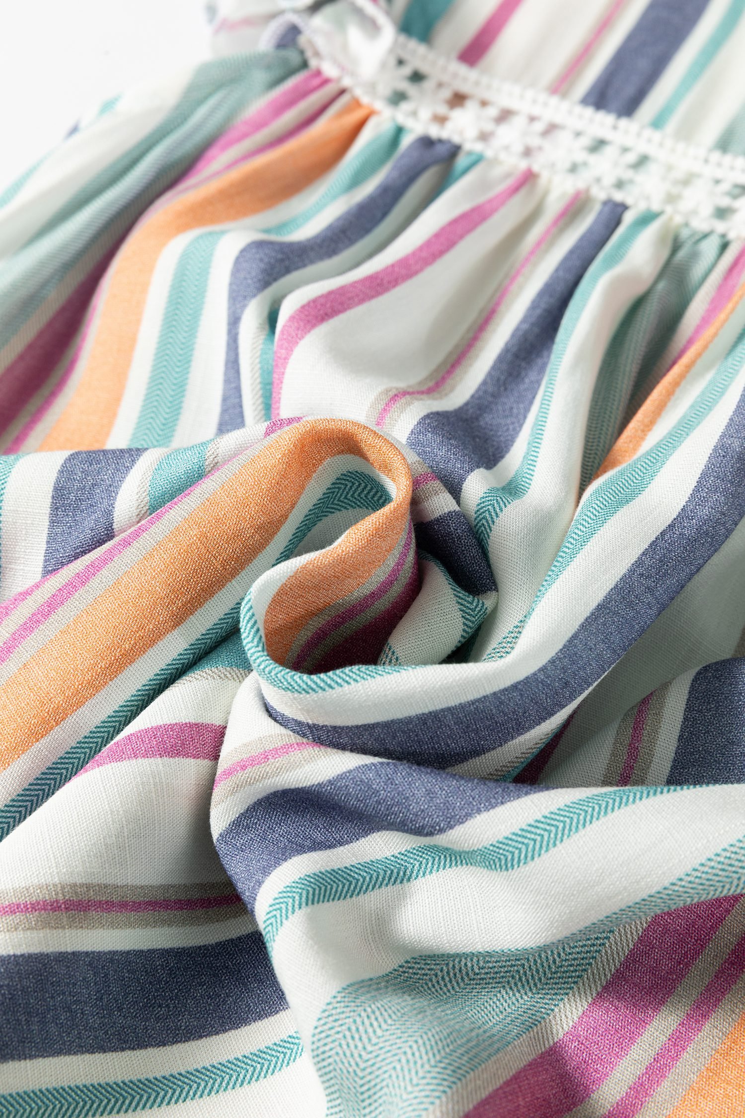 Light Blue Lace Hollow-out Insert Flutter Sleeve Striped Blouse