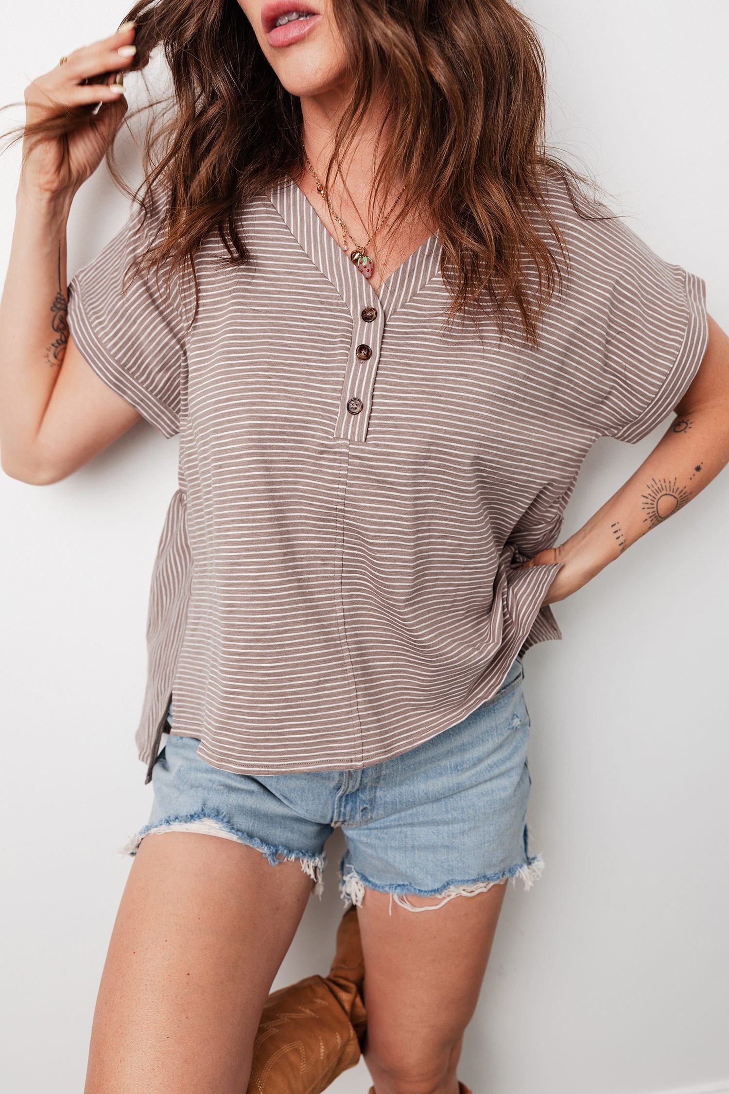 Khaki Stripe Buttoned V Neck High Low Side Slit T Shirt