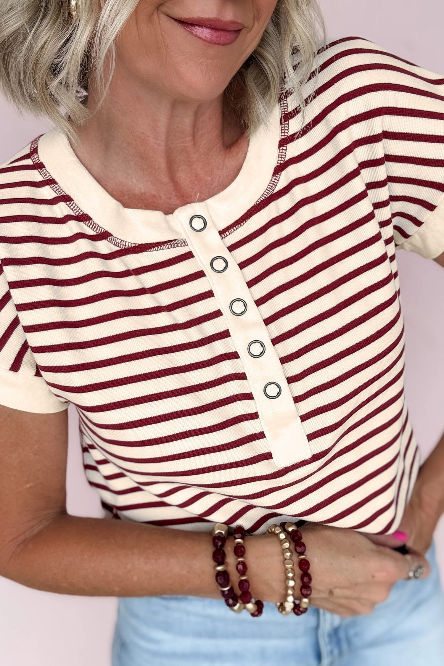 Red Stripe Half Buttons Round Neck T Shirt - Image 8