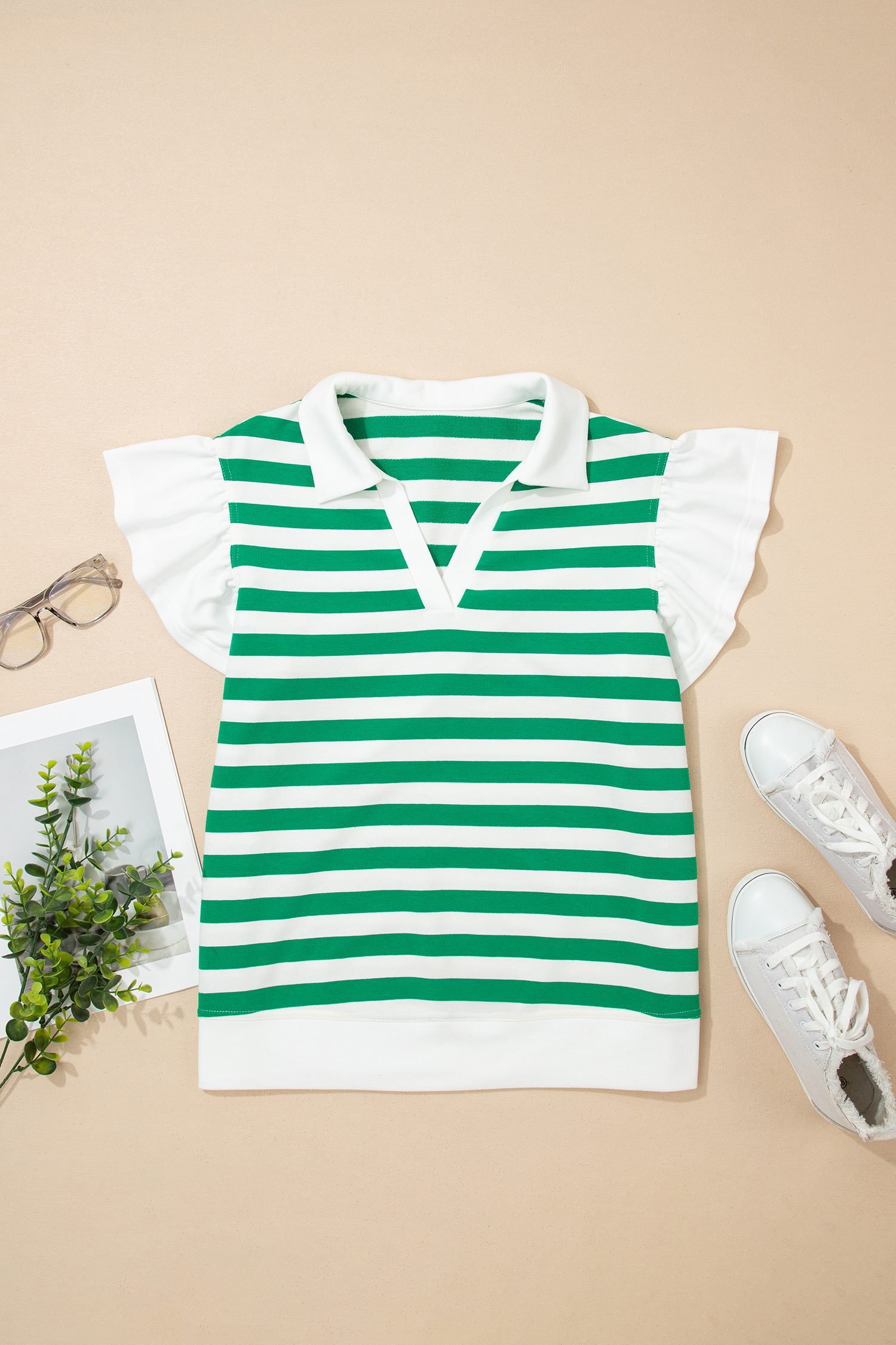Green Stripe Collar V Neck Ruffled Short Sleeve Blouse