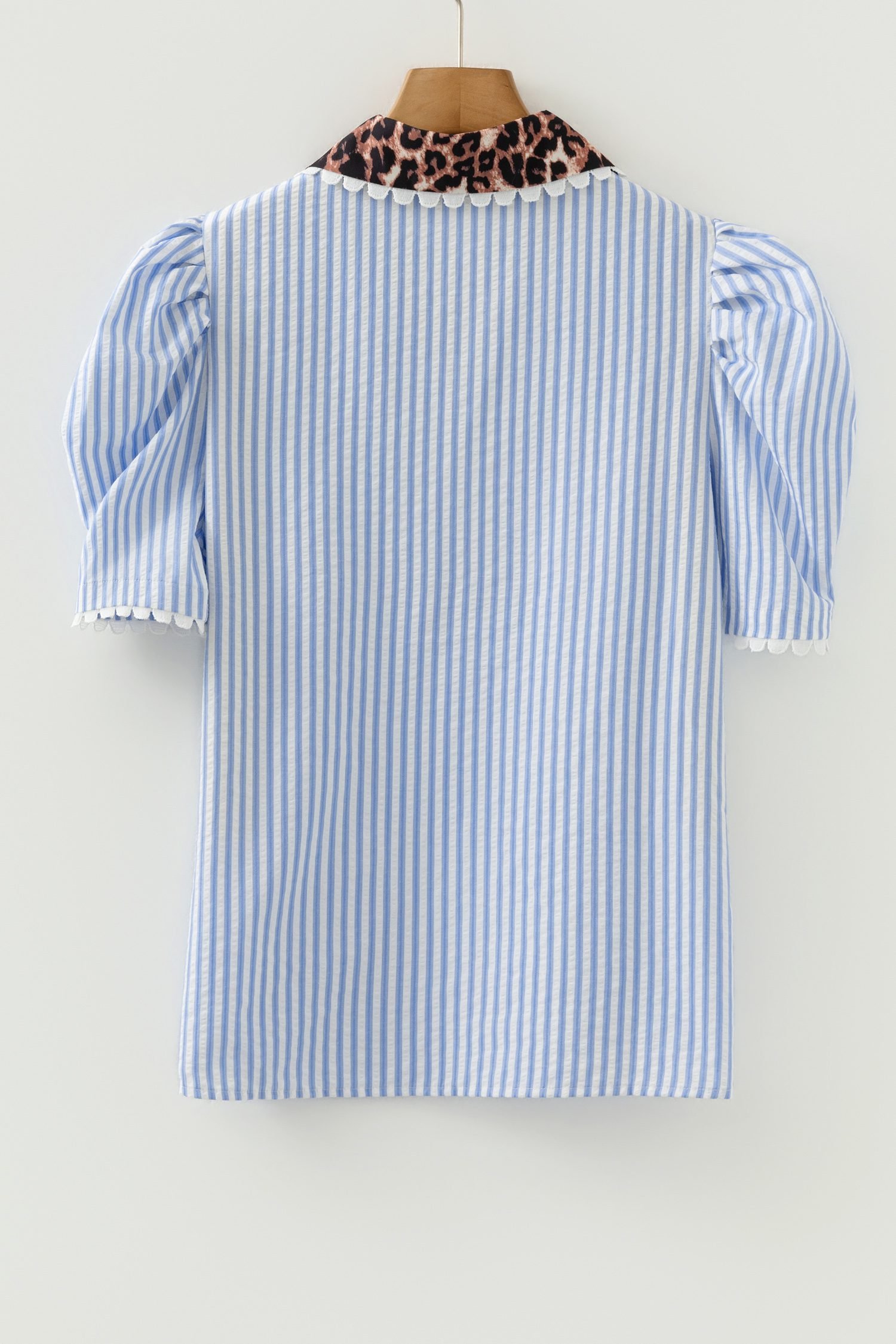 Sky Blue Stripe Ricrac Trim Short Puff Sleeve Leopard Patchwork Collar V Neck Blouse - Image 9