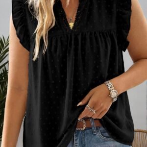 Black Plus Size Swiss Dot Ruffle Lace Trim V Neck Tank Top