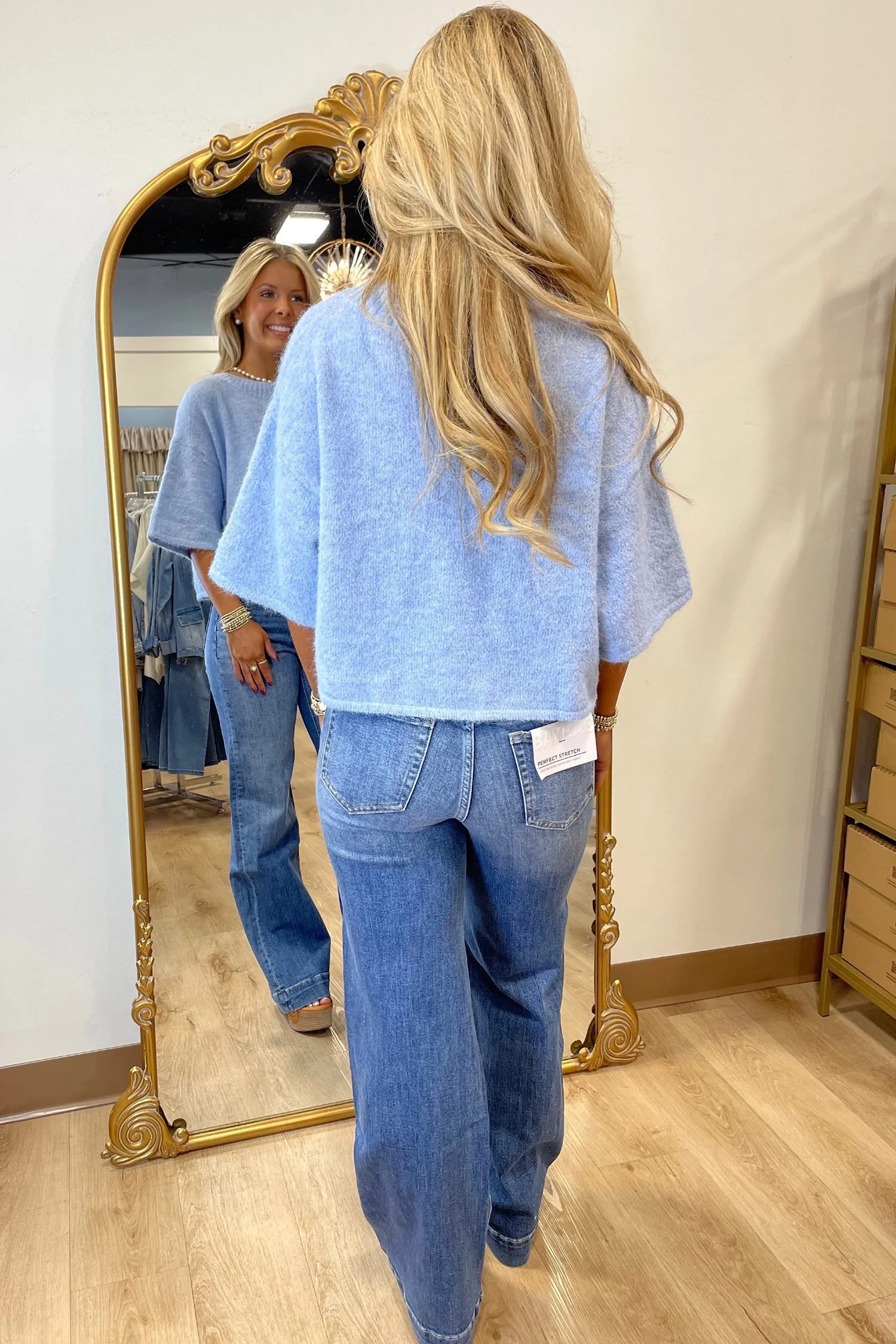 Beau Blue 3/4 Sleeve Boxy Knit Button Down Sweater Cardigan - Image 2