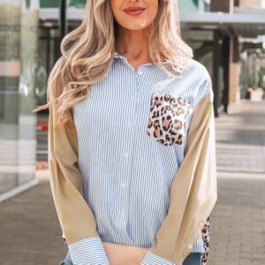 Sky Blue Stripe Colorblock Leopard Patchwork Chest Pocket Cuffed Sleeve Shirt