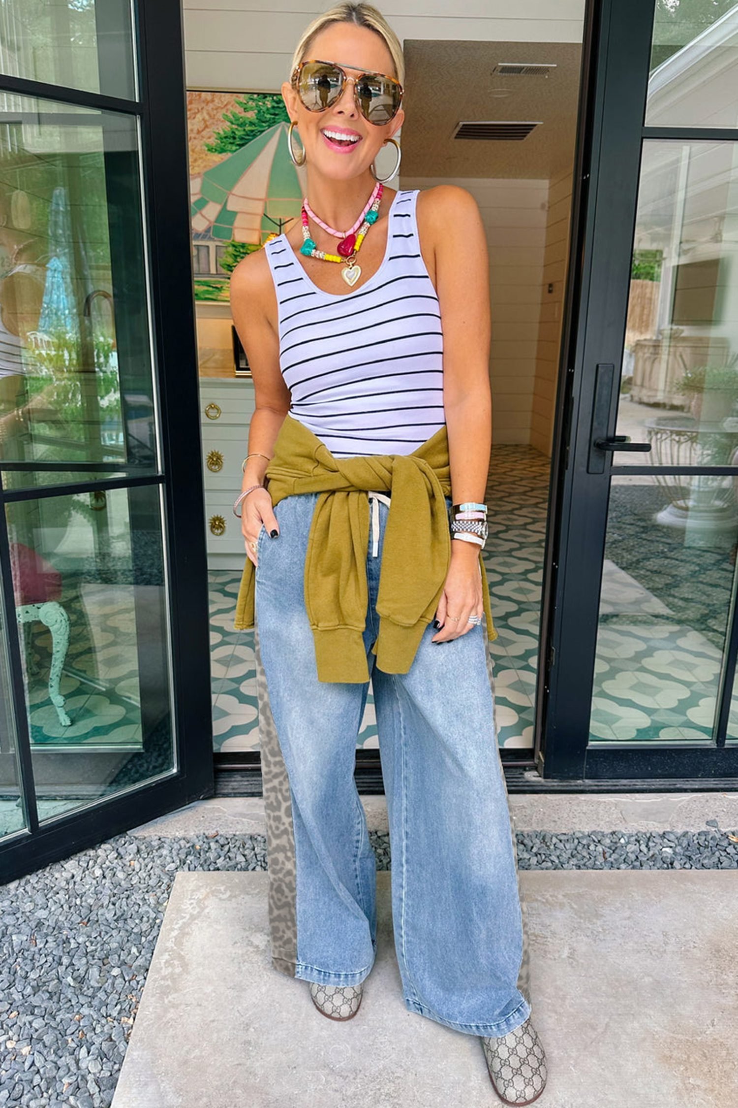 Beau Blue Drawstring Elastic Waist Leopard Striped Side Panel Wide Leg Jeans - Image 9