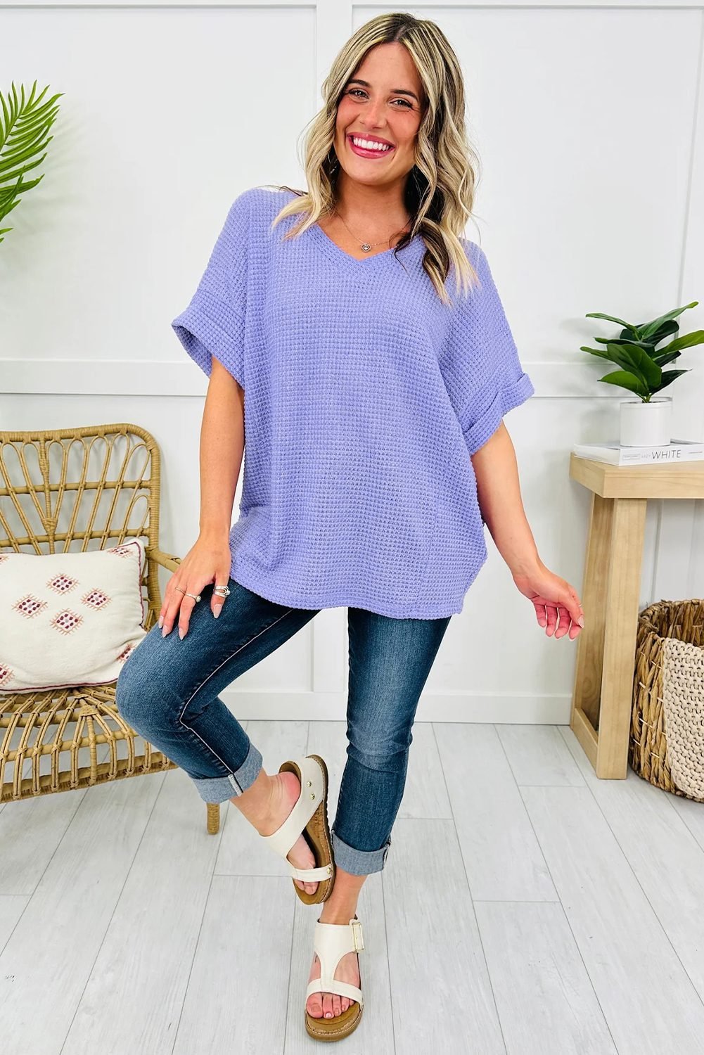Wisteria Waffle V Neck Short Sleeve Knit Top - Image 3