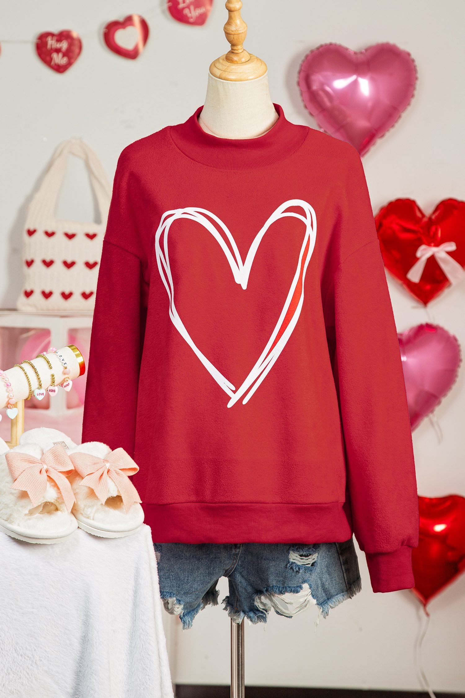 Racing Red Valentines Day Heart Love Script Reversible Printed Double Wear Mock Neck Sweatshirt