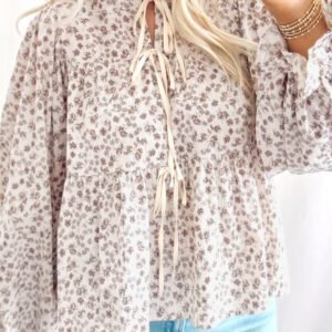 White Bow Tie Front Floral Print Flounce Sleeve Peplum Blouse