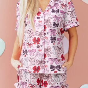 Pink Cute Ribbon Bows Printed 2pcs Short Pajama Set