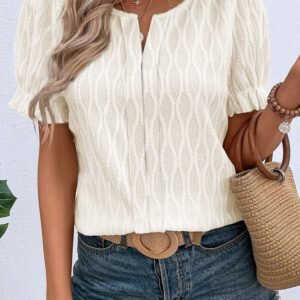 White Solid Color Textured Notched Neck Puff Sleeve Blouse