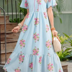 Sky Blue Notched Neck Flutter Short Sleeve Floral Print Maxi Dress