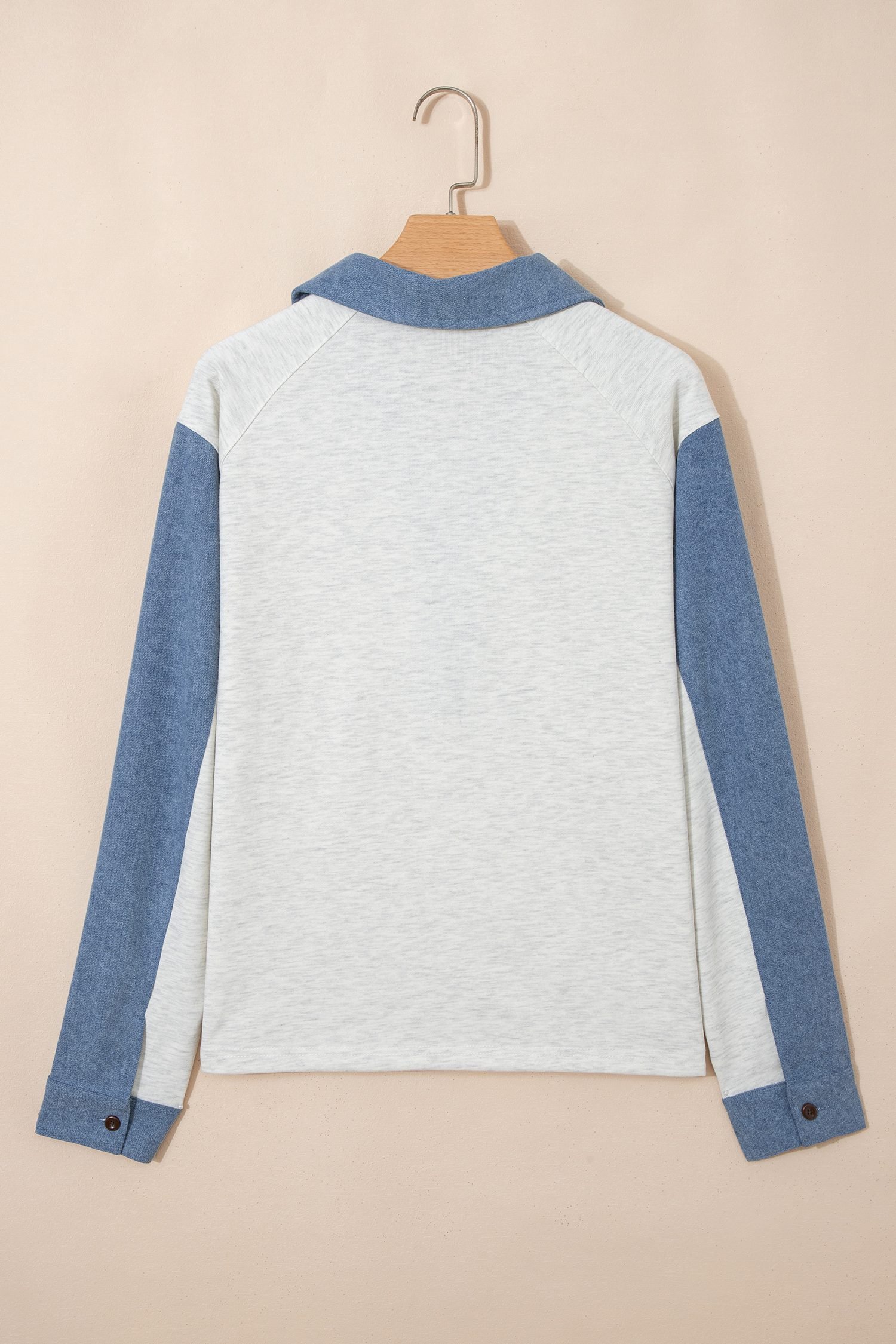 Light Grey Denim Patchwork Buttoned Polo Collar Long Sleeve Top - Image 4