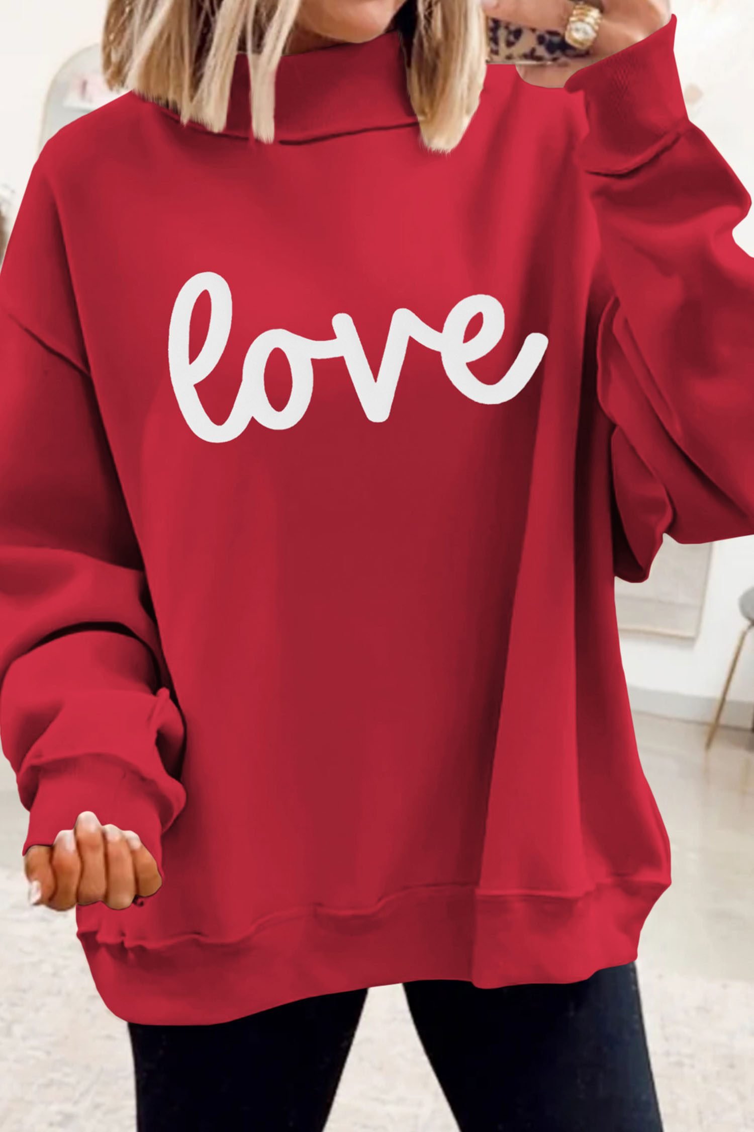 Racing Red Valentines Day Heart Love Script Reversible Printed Double Wear Mock Neck Sweatshirt
