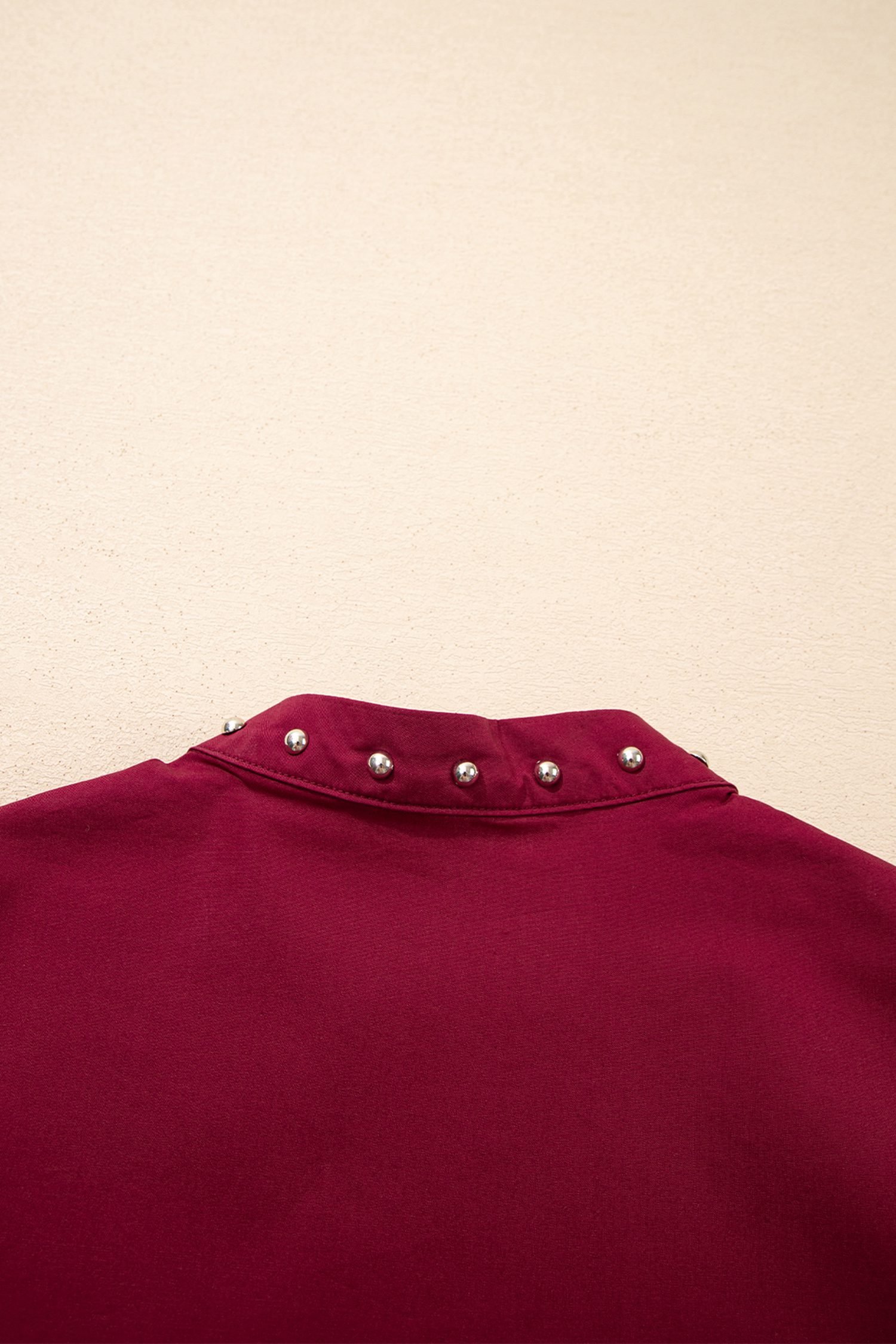 Burgundy Rivet Embellished V Neck Short Puff Sleeve Blouse