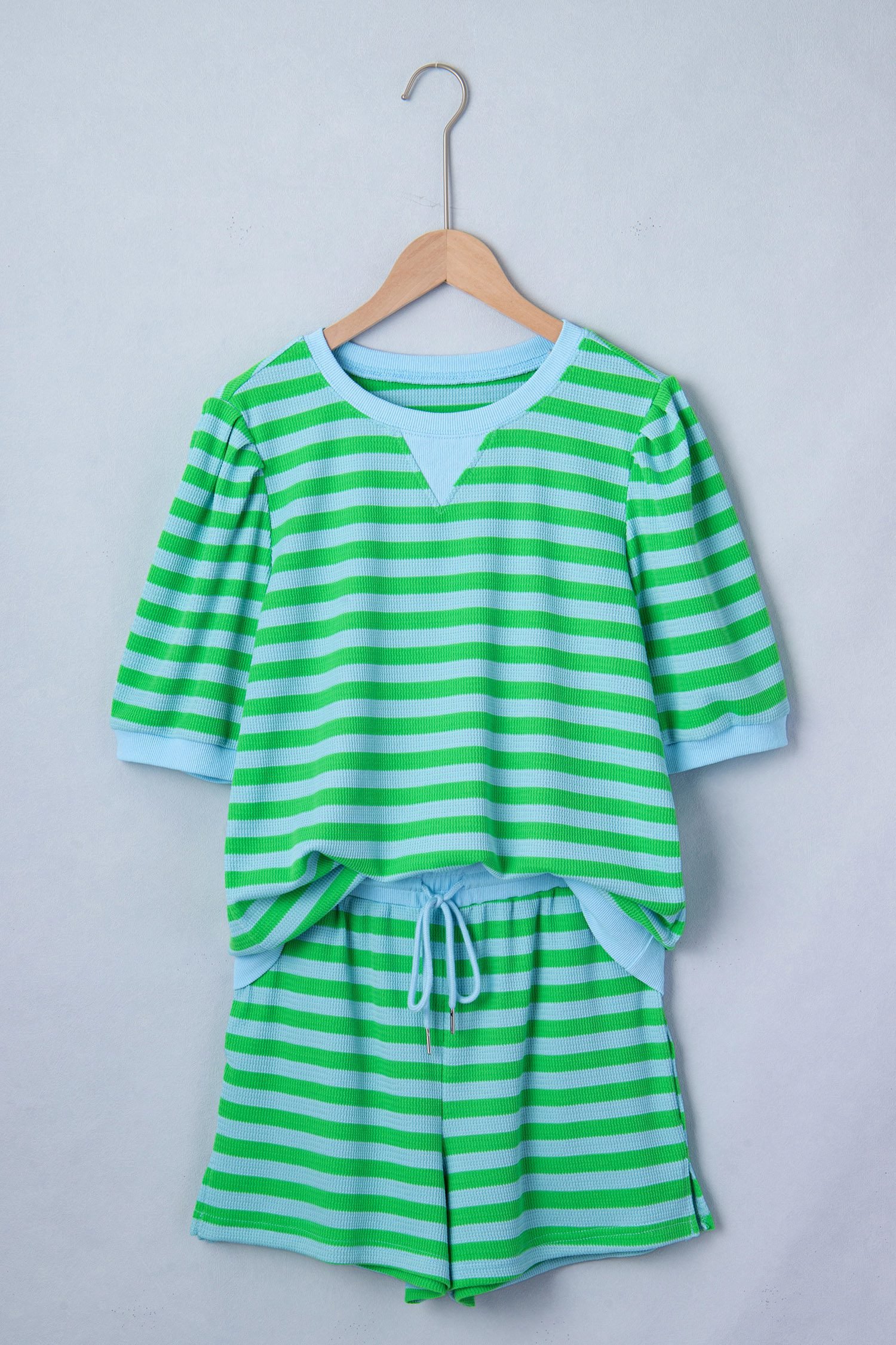 Green Stripe Puff Short Sleeve T Shirt Matching Shorts Set