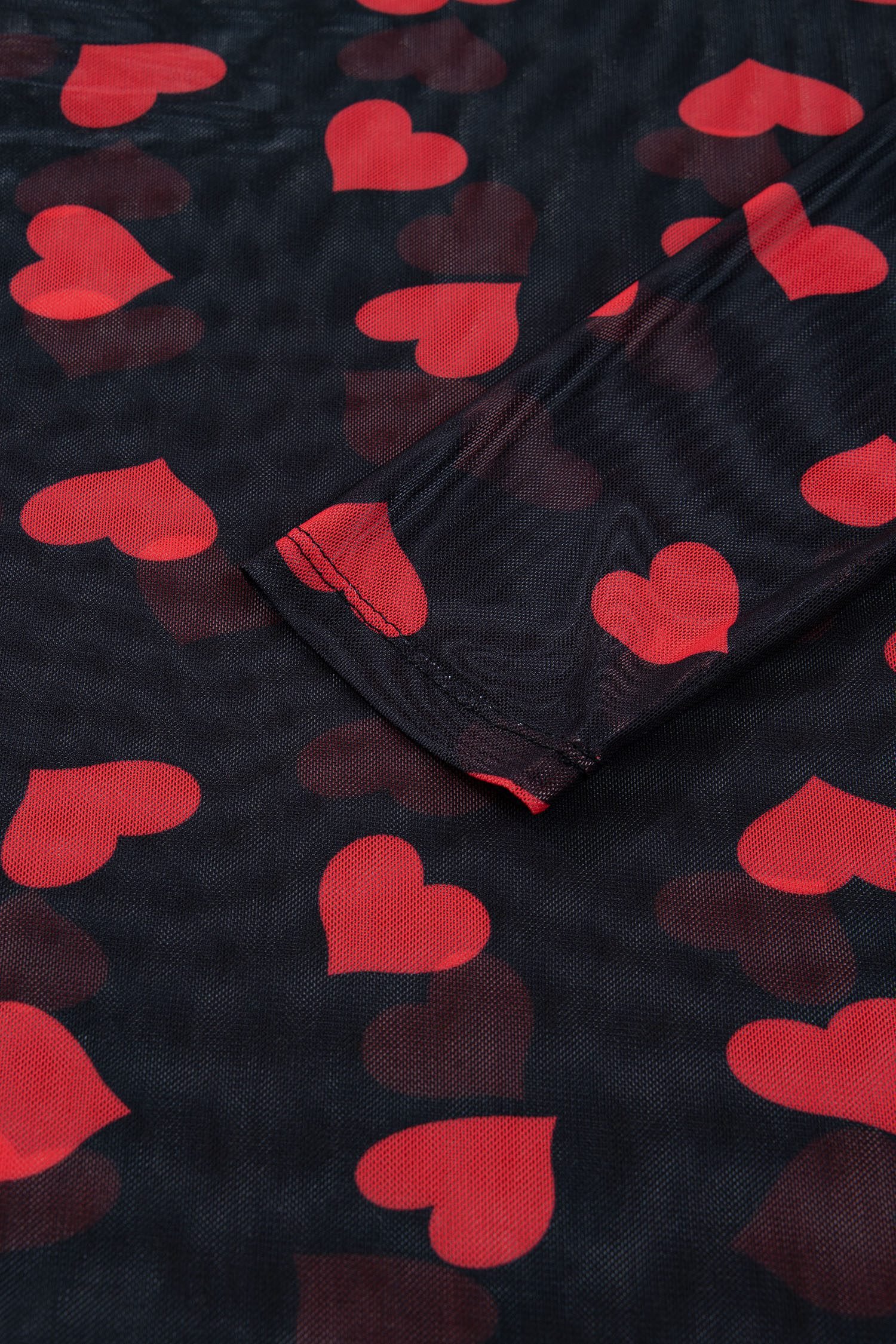Black Valentines Heart Printed Sheer Mesh Long Sleeve Top - Image 12
