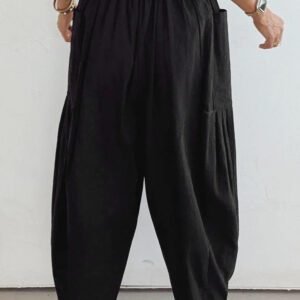 Black Drawstring Elastic Waist Patch Pocket Barrel Leg Casual Pants