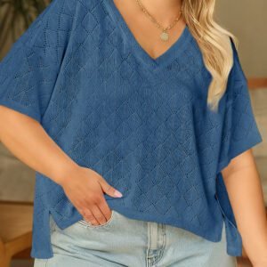 Sky Blue Pointelle Rhombus Knit Plus Size V Neck Loose Top
