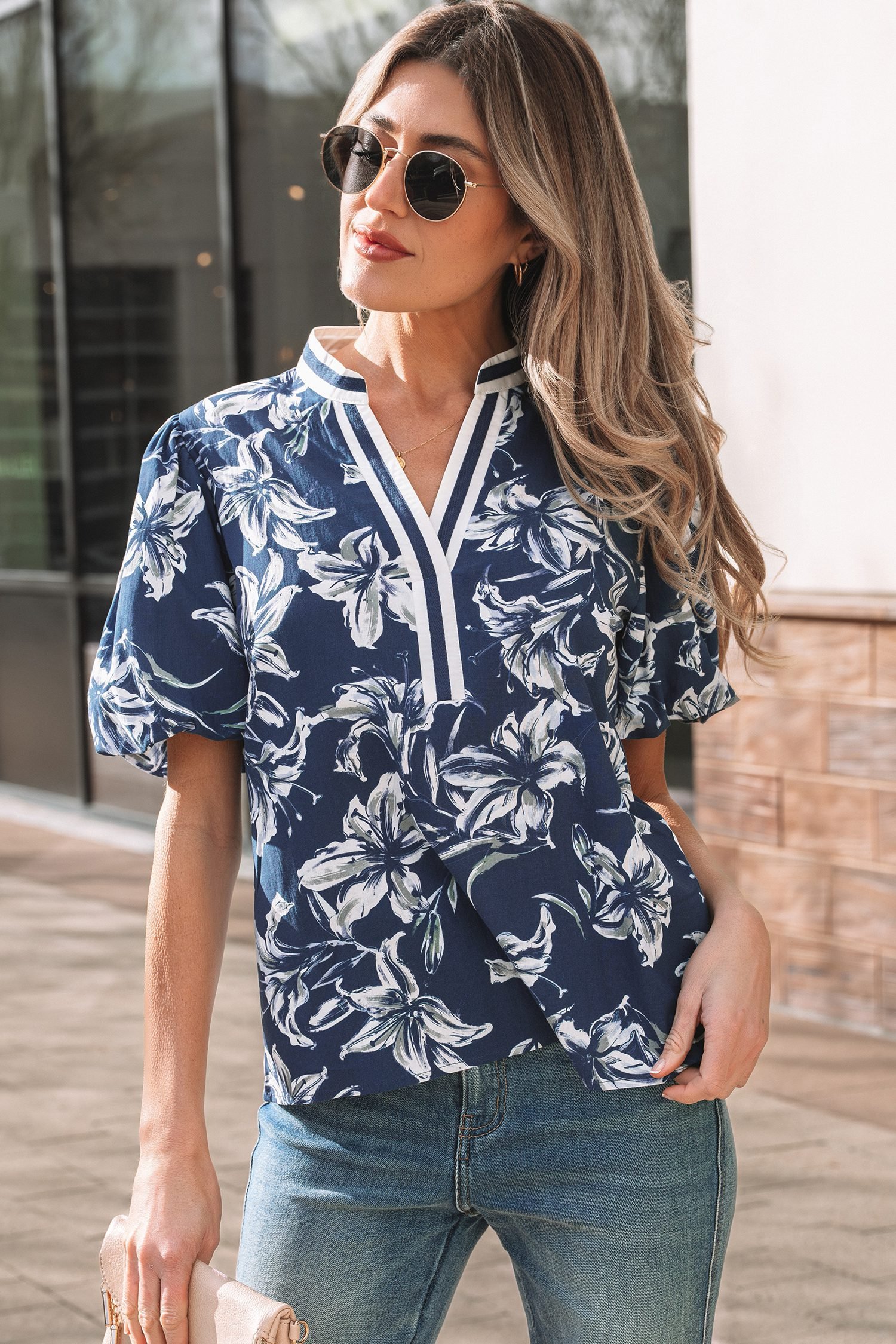 Blue Floral Print Short Puff Sleeve Striped Trim V Neck Blouse - Image 4