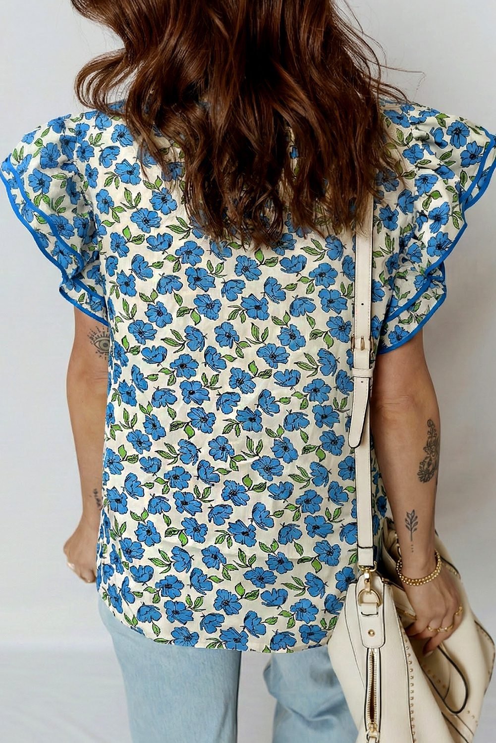 Sky Blue Tiered Flutter Sleeve Pleated Flower Blouse - Image 2