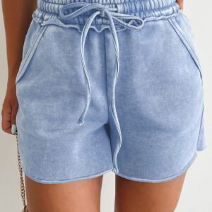 Sky Blue Mineral Washed Drawstring Elastic Waist Raw Cut Shorts