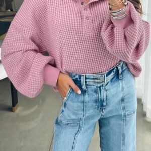 Light Pink Solid Color Textured Snap Button Collared Baggy Top