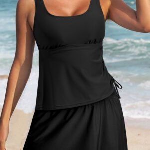 Black Scoop Neck Adjustable Tankini and Matching Skort Bathing Suit