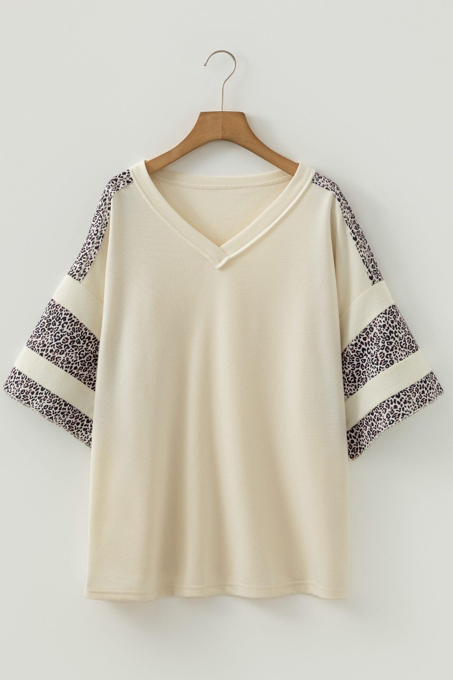 Apricot V Neck Exposed Seam Leopard Color Block Patchwork Half Sleeve Top