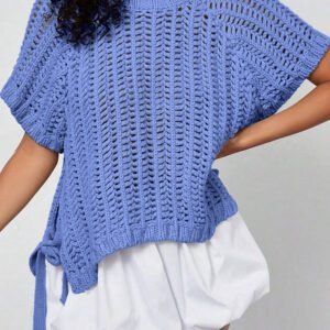 Ashleigh Blue Plus Size Open Knit Bow Tie Short Sleeve Sweater