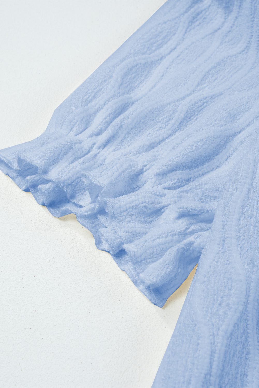 Beau Blue Solid Color Textured Notched Neck Puff Sleeve Blouse